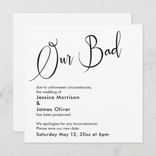 ユーモアのある「エレガント悪い」が延期した結婚カード 招待状 (正面/裏面)