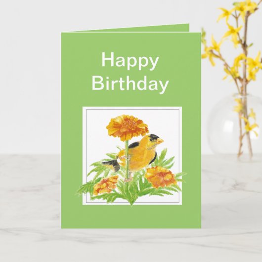 ユーモアの誕生日、Goldfinch及びマリーゴールド カード (黄色い花)