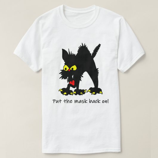 ユーモアの離れた社会に覆面する黒猫 Tシャツ (デザイン正面)