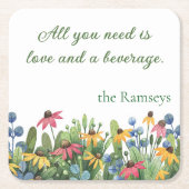 ユーモア引用文、水の色ワイルドフラワー スクエアペーパーコースター (正面)