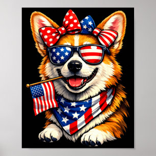 ユーモア愛国心あふれるコーギー犬のアメリカ国旗グラフィック ポスター