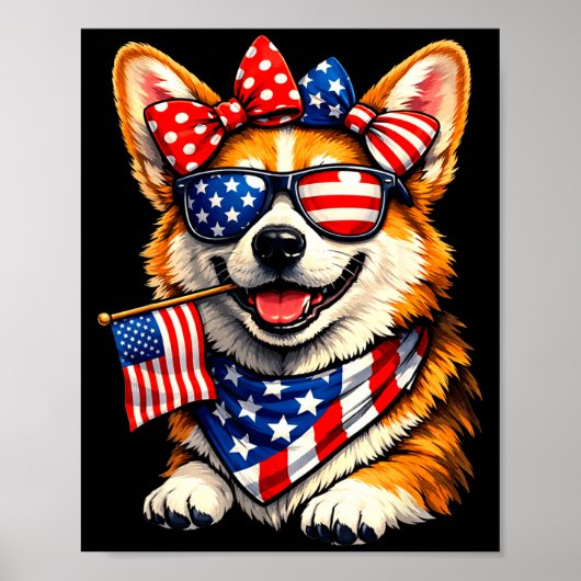 ユーモア愛国心あふれるコーギー犬のアメリカ国旗グラフィック ポスター (正面)