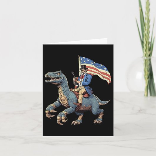 ユーモア満点Tシャツ エイブ・リンカーンが恐竜T-Rexに乗って4日 カード (正面)