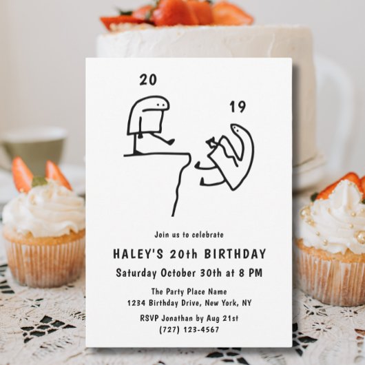 ユーモア満載のミーム シンプル 黒 白 20歳の誕生日 招待状