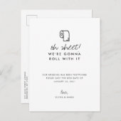 ユーモア満載 延期します 新しい日付 結婚式延期のお知らせ 案内ポストカード (正面/裏面)