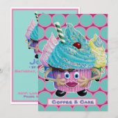 ユーモア溢れるカジュアルな友達と家族のためのケーキとコーヒー 招待状 (正面/裏面)