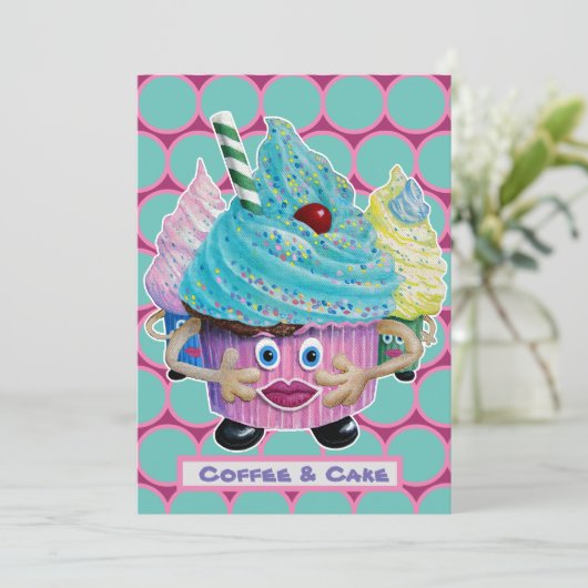 ユーモア溢れるカジュアルな友達と家族へのケーキとコーヒーのお誘い 招待状 (スタンド正面)