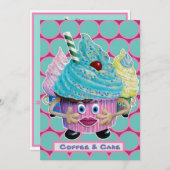 ユーモア溢れるカジュアルな友達と家族へのケーキとコーヒーのお誘い 招待状 (正面/裏面)