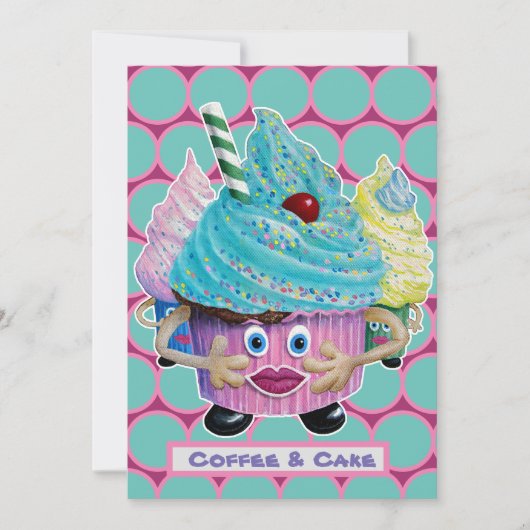 ユーモア溢れるカジュアルな友達・家族 ケーキとコーヒー 招待状 (正面)