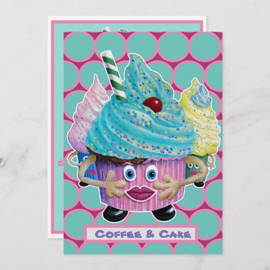 ユーモア溢れるカジュアルな友達・家族 ケーキとコーヒー 招待状 (正面/裏面)