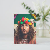 ユーモア溢れるキリストと羊たちによるカラフルな誕生日パーティー ポストカード (スタンド正面)