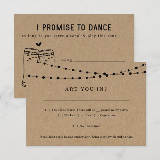 ユーモア溢れる招待状の返信カード  -  歌のリクエスト付き 招待状 (正面/裏面)