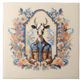 ユーモア溢れる牛のアート おしゃれなワイルドウェストのカウボーイ タイル (正面)