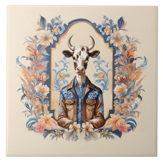 ユーモア溢れる牛のアート おしゃれなワイルドウェストのカウボーイ タイル (正面)