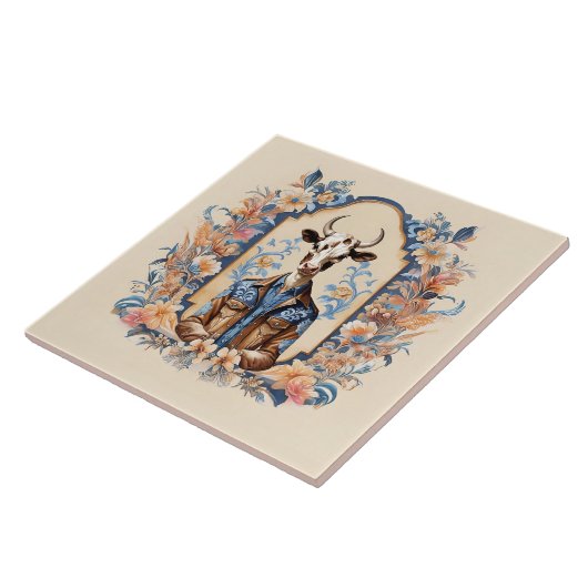 ユーモア溢れる牛のアート おしゃれなワイルドウェストのカウボーイ タイル (側面)