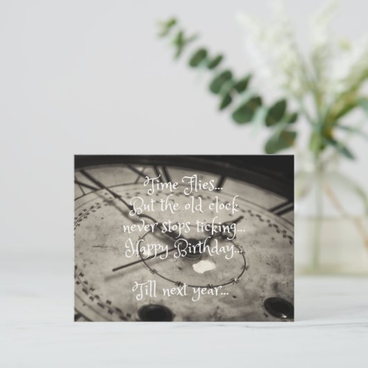 ユーモア溢れる誕生日おめでとう古いヴィンテージ時計 ポストカード (スタンド正面)