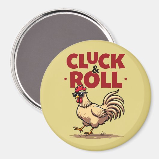 ユーモア溢れる「Cluck & Roll」クールなニワトリの漫画デザイン マグネット (正面/裏面)