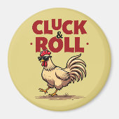 ユーモア溢れる「Cluck & Roll」クールなニワトリの漫画デザイン マグネット (正面)