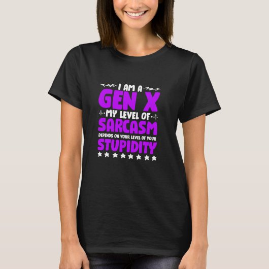 ユーモア生成X皮肉のレベルおもしろいX世代 Tシャツ (正面)
