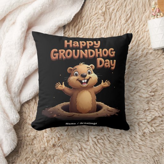 ユーモア、祝おもしろいとHappy Groundhog Day クッション (ブランケット)