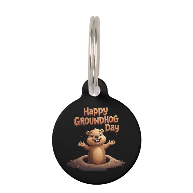 ユーモア、祝おもしろいとHappy Groundhog Day ペット　ネームタグ (正面)