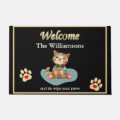 ユーモハッピーキャットカスタム金ゴールド歓迎 ドアマット (正面)