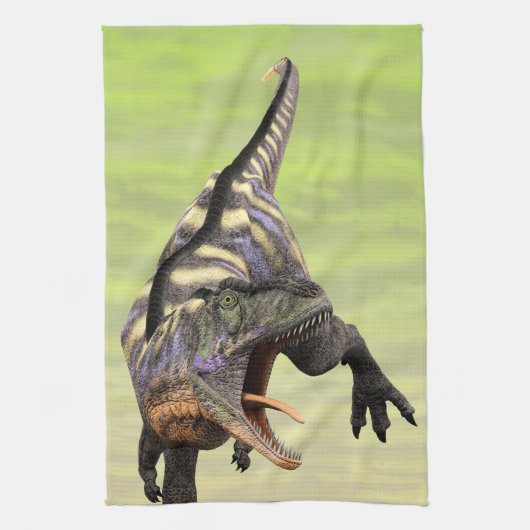 ユーモラスなアウカサウルス 咆哮する古代恐竜アート キッチンタオル (縦)