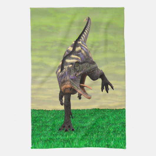 ユーモラスなアウカサウルス 咆哮する古代恐竜アート キッチンタオル (縦)