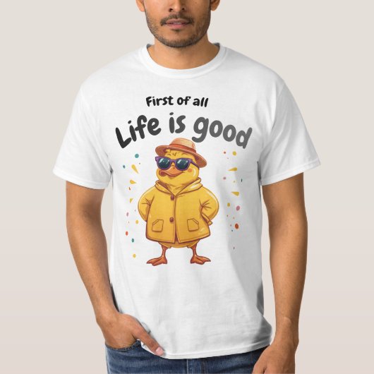 ユーモラスなアヒルのデザインで人生を楽しむ Tシャツ (正面)