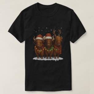 ユーモラスなアメリカバイソン・クリスマストリオ - サンタ帽のホリデー  Tシャツ