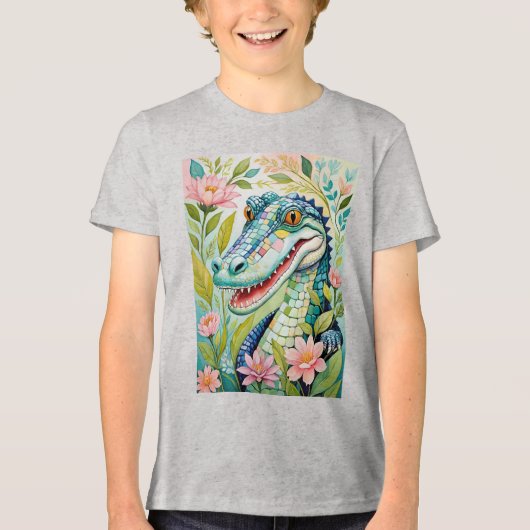 ユーモラスなアリゲーターの花モザイク トライブレンドＴシャツ (正面)