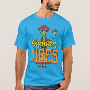 ユーモラスなエイリアンの手を振るサマーバイブメンズ Tシャツ