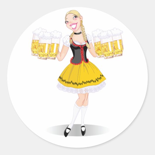 ユーモラスなオクトーバーフェストのブロンドビール娘 ラウンドシール (正面)