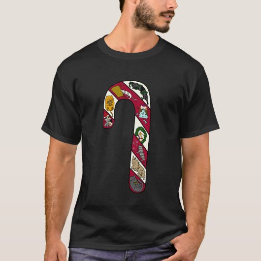 ユーモラスなキャンディケインの猫のコラージュ クリスマス Tシャツ (正面)