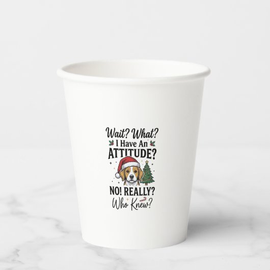ユーモラスなクリスマスの犬の態度 ビンテージ風の彫刻Tシャツ 紙コップ (正面)