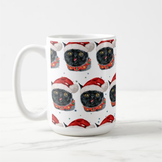 ユーモラスなクリスマスの黒猫の水彩画 コーヒーマグカップ (左)