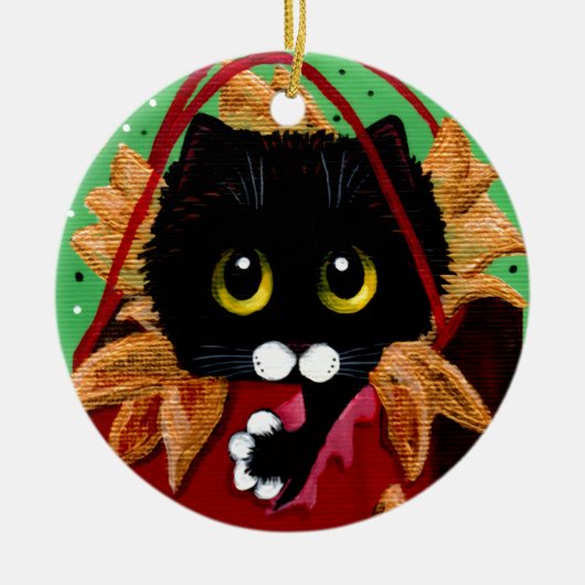 ユーモラスなクリスマスの黒猫アート Creationarts セラミックオーナメント (正面)