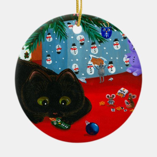 ユーモラスなクリスマスの黒猫アート Creationarts セラミックオーナメント (正面)