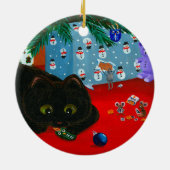ユーモラスなクリスマスの黒猫アート Creationarts セラミックオーナメント (裏面)