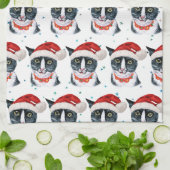 ユーモラスなクリスマスの黒白猫の水彩画 キッチンタオル (折り畳み)