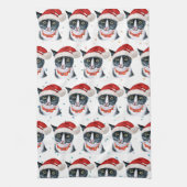 ユーモラスなクリスマスの黒白猫の水彩画 キッチンタオル (縦)