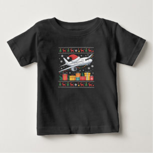 ユーモラスなクリスマスイルミネーション ツリー サンタ ださい飛行機 ベビーTシャツ