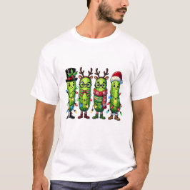 ユーモラスなクリスマスピクルスファミリーのサンタ帽子とイルミネーションアート Tシャツ