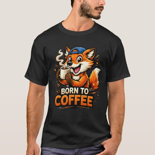 ユーモラスなコーヒーを飲む狐のキャラクターデザイン Tシャツ (正面)