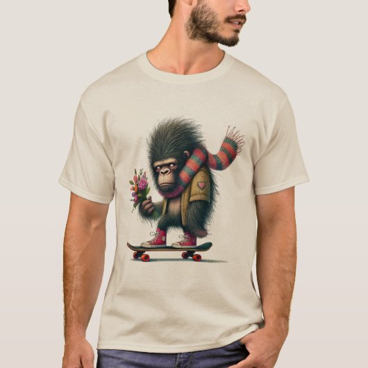 ユーモラスなゴリラのスケートボード Tシャツ (正面)