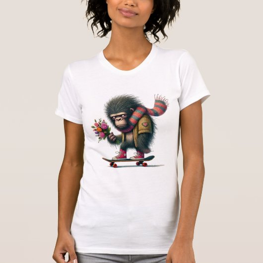 ユーモラスなゴリラのスケートボード Tシャツ (正面)