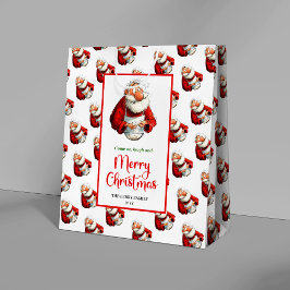 ユーモラスなサンタのソフトウォーターカラークリスマスバッグ ミディアムペーパーバッグ