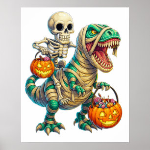 ユーモラスなスケルトンがミイラのティラノサウルスに乗るハロウィン  ポスター