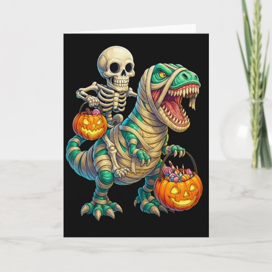 ユーモラスなスケルトンのミイラT-Rexハロウィン カード (正面)