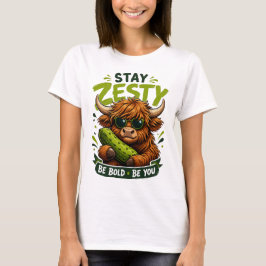 ユーモラスなハイランドカウの「Stay Zesty(元気を保とう)」グラフィック Tシャツ